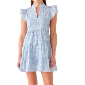 NWOT. Sail to Sable. Flutter Sleeve Terry Tiered Dress. Blue Leopard. Small.